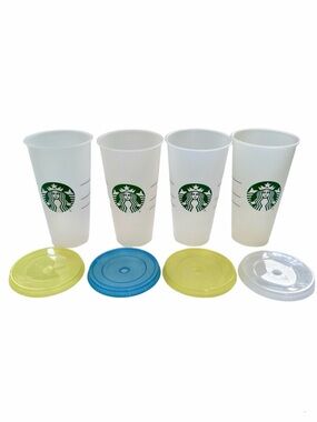 Set 4-2020 Starbucks Clear Green Plastic Reusable Cold Venti 24 Oz Cups & Lids